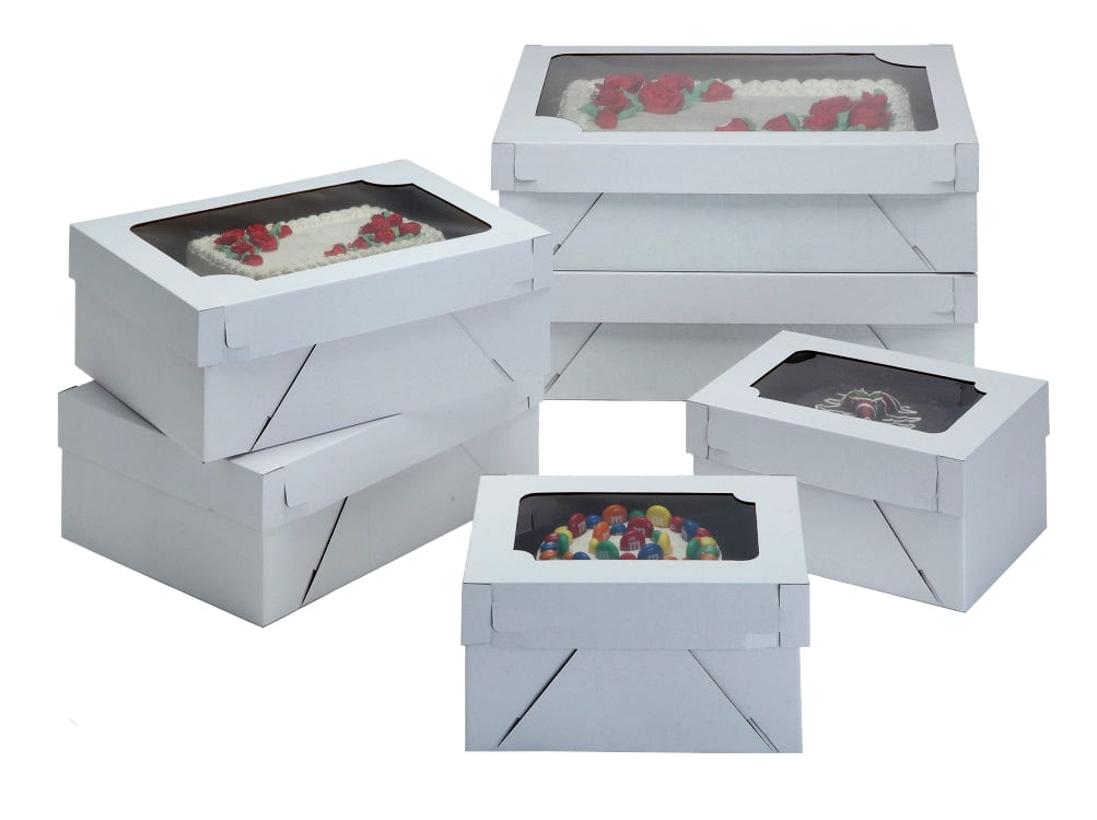 PLAIN WHITE/KRAFT SHEET CAKE BOXES W/WINDOW (B/E-FLUTE, 8" DEEP)